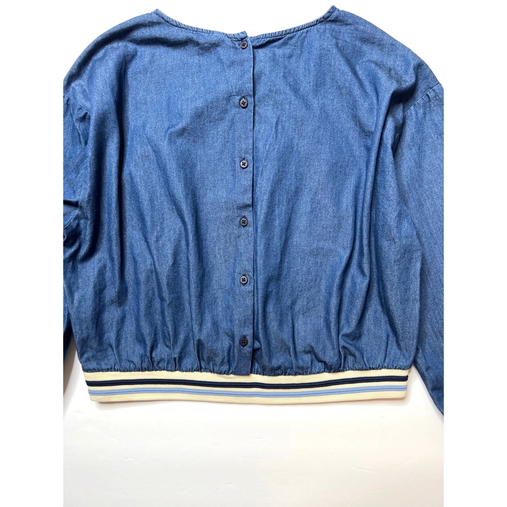 ZARA Trafaluc denimwear Denim Long Sleeve Back Buttons Cropped Top Sz M - Picture 6 of 12